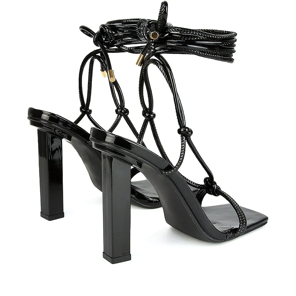 Tanner Strappy Sandals Square Toe Knotted Detail Lace Tie Up High Block Heels in Black Patent