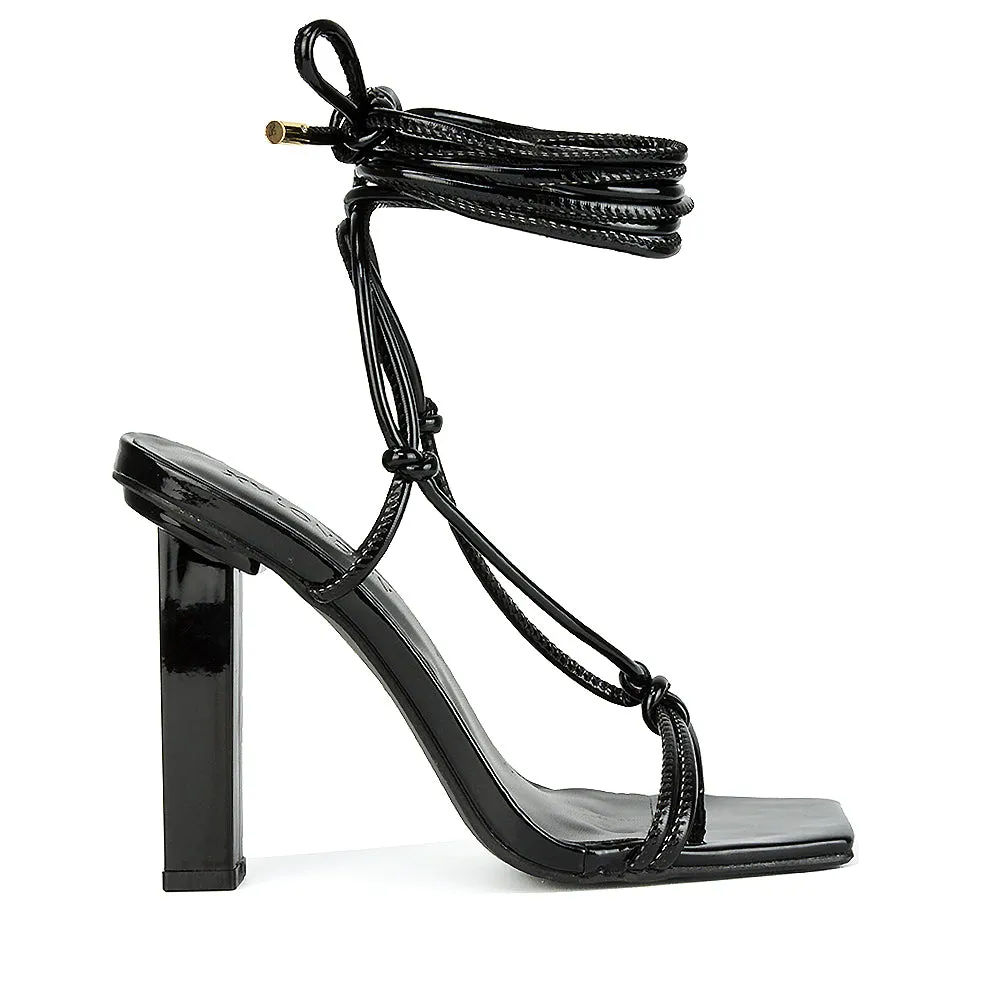 Tanner Strappy Sandals Square Toe Knotted Detail Lace Tie Up High Block Heels in Black Patent