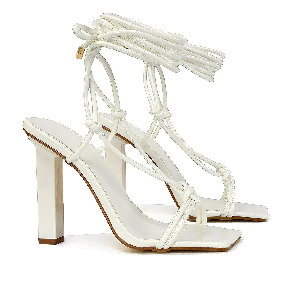 Tanner Strappy Sandals Square Toe Knotted Detail Lace Tie Up High Block Heels in Black Patent