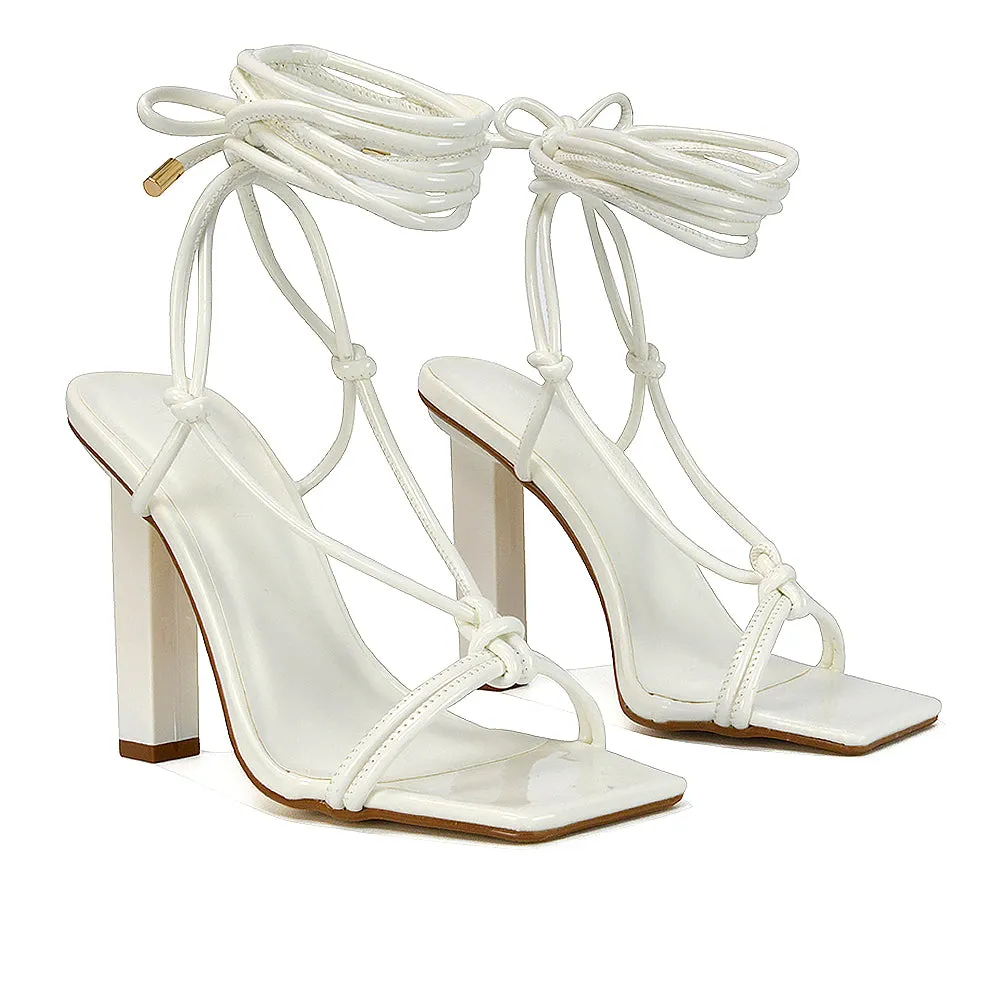 Tanner Strappy Sandals Square Toe Knotted Detail Lace Tie Up High Block Heels in Black Patent