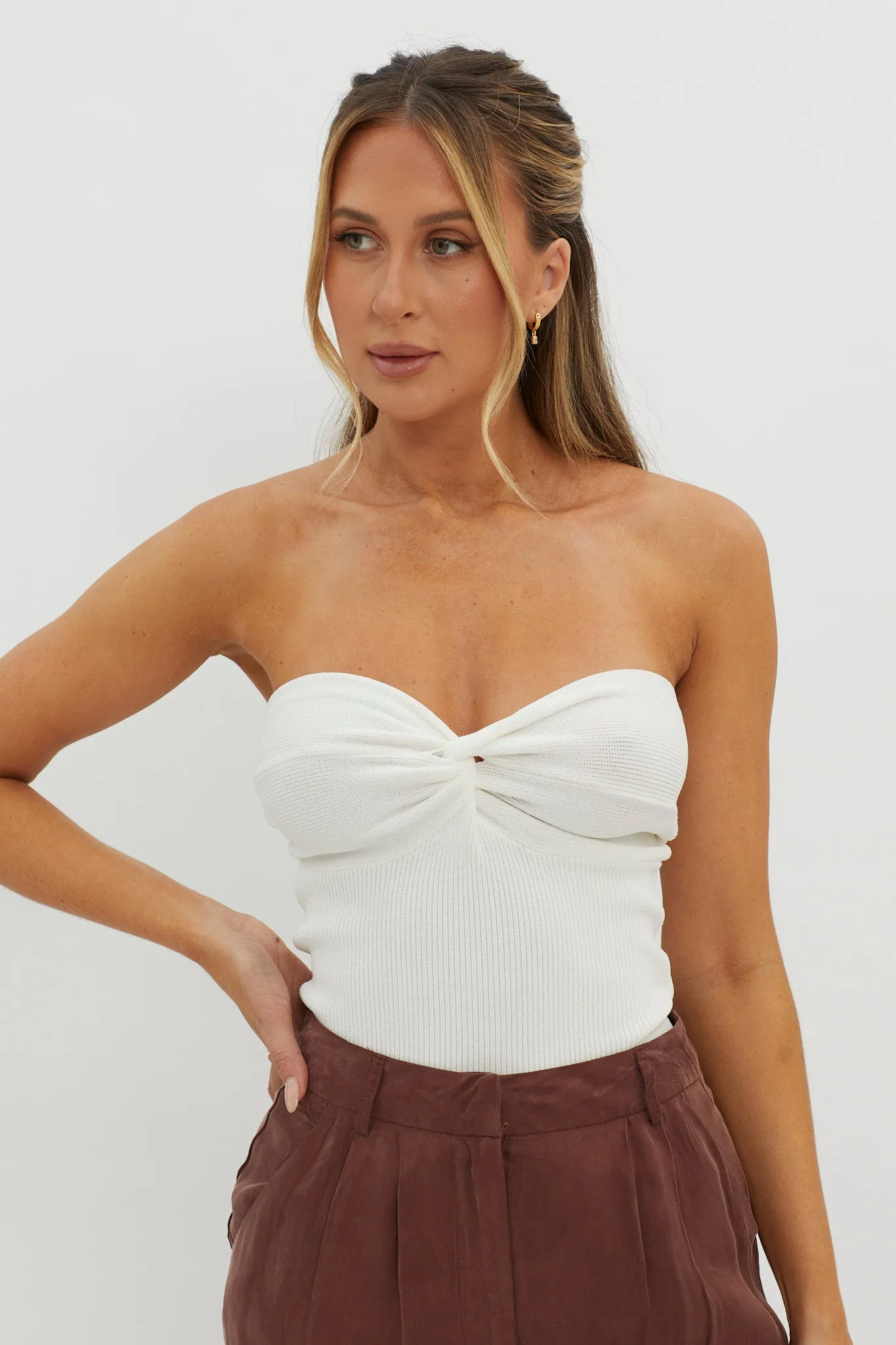 Teagan Strapless Ribbed Knit Top White