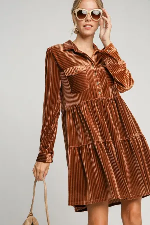 Texture Tiered Collared Long Sleeve Dress