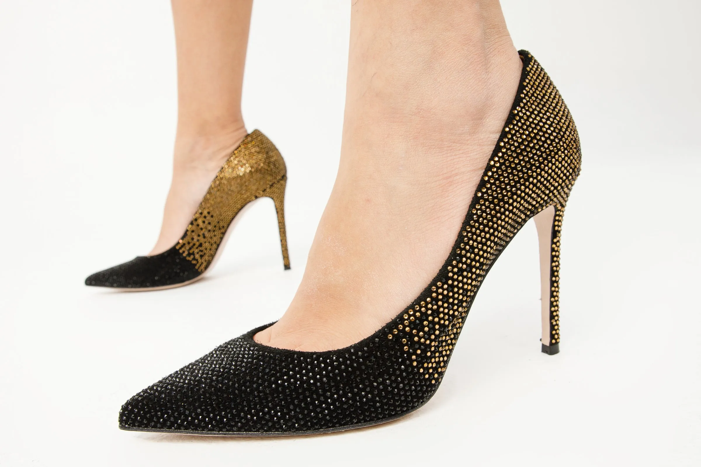 The Bago Black & Gold Glitter Leather Pump Women Shoe