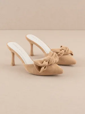 The Jane | Sand Pointed Toe Bow Accent Kitten Heel