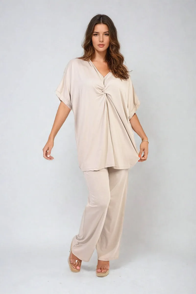 Twist Front Plunge Neckline Top and Trouser Co-ord Set