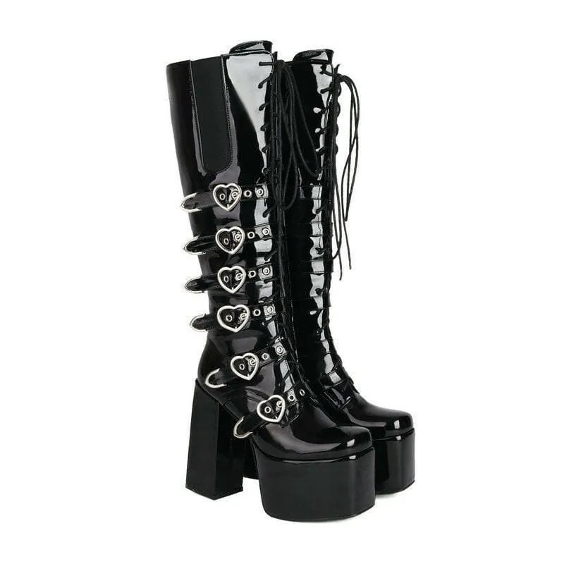 Unisex High Heel Punk Lace-up Multi Buckle Platform Boots