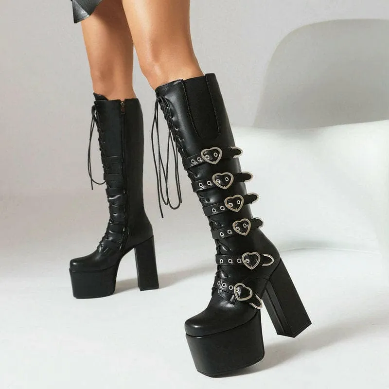 Unisex High Heel Punk Lace-up Multi Buckle Platform Boots