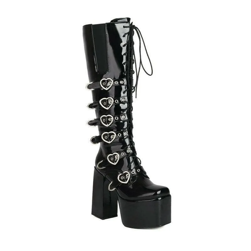 Unisex High Heel Punk Lace-up Multi Buckle Platform Boots