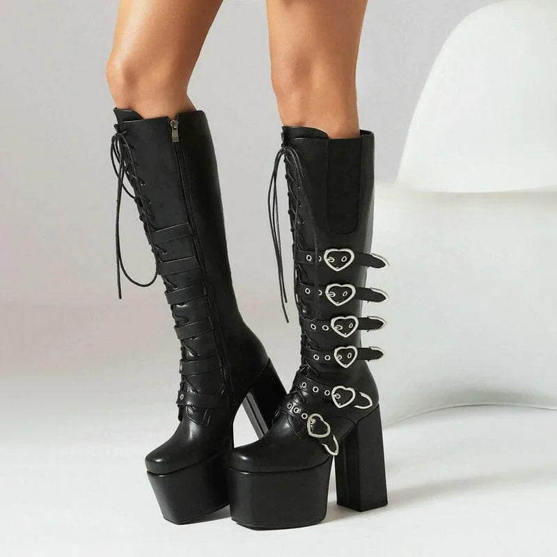 Unisex High Heel Punk Lace-up Multi Buckle Platform Boots