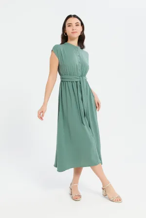 Women Green Hammered Texture Belted Dress