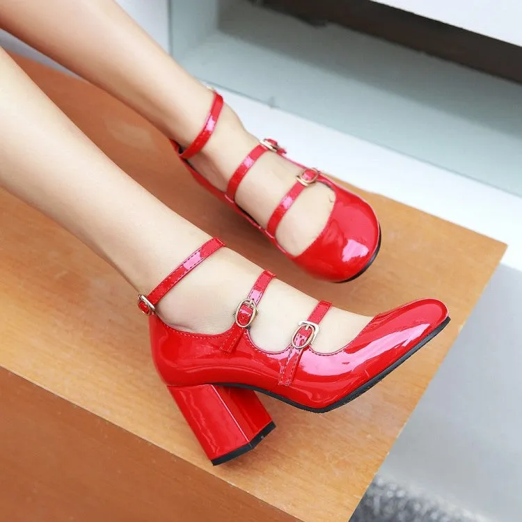 Women's Pumps Glossy Retro Mary Janes Buckles Belts Block Heel Chunky Heels Shoes