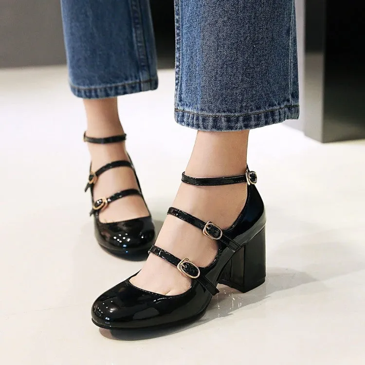 Women's Pumps Glossy Retro Mary Janes Buckles Belts Block Heel Chunky Heels Shoes