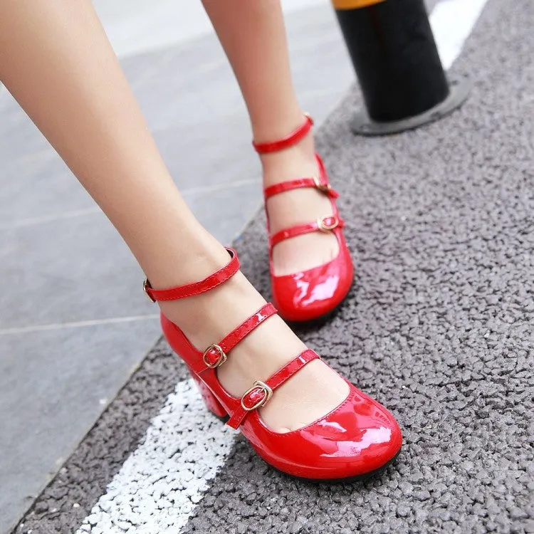 Women's Pumps Glossy Retro Mary Janes Buckles Belts Block Heel Chunky Heels Shoes