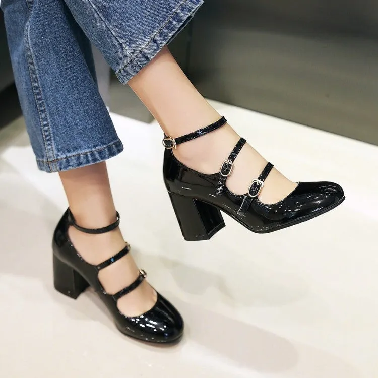 Women's Pumps Glossy Retro Mary Janes Buckles Belts Block Heel Chunky Heels Shoes