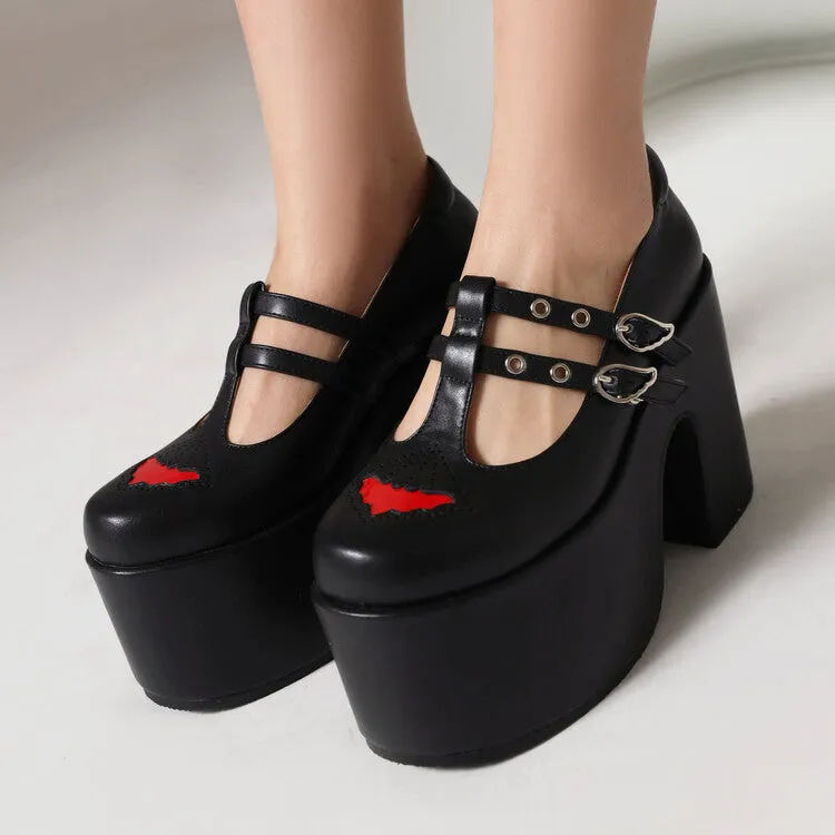 Women's T Strap Embroidery Buckle Straps Block Heel Mary Jane Platform Pumps