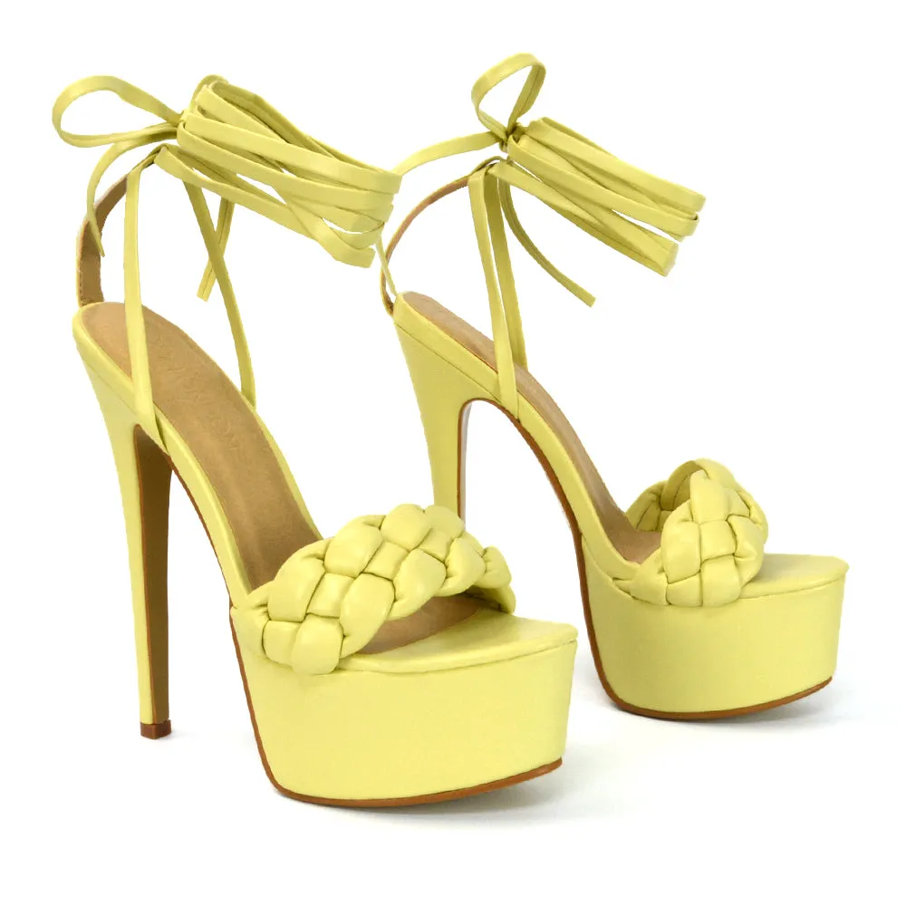 Yris Woven Strap Lace up Platform Stiletto Heel in Yellow Synthetic Leather