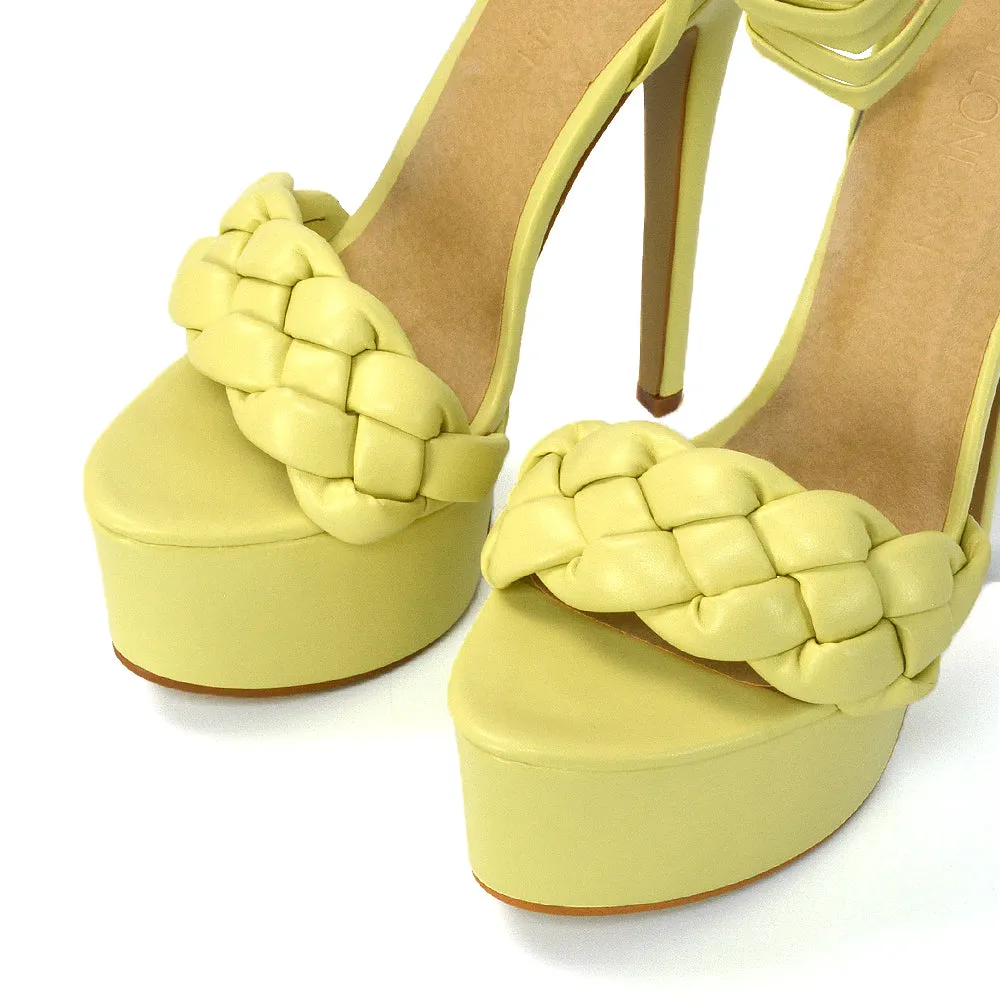 Yris Woven Strap Lace up Platform Stiletto Heel in Yellow Synthetic Leather