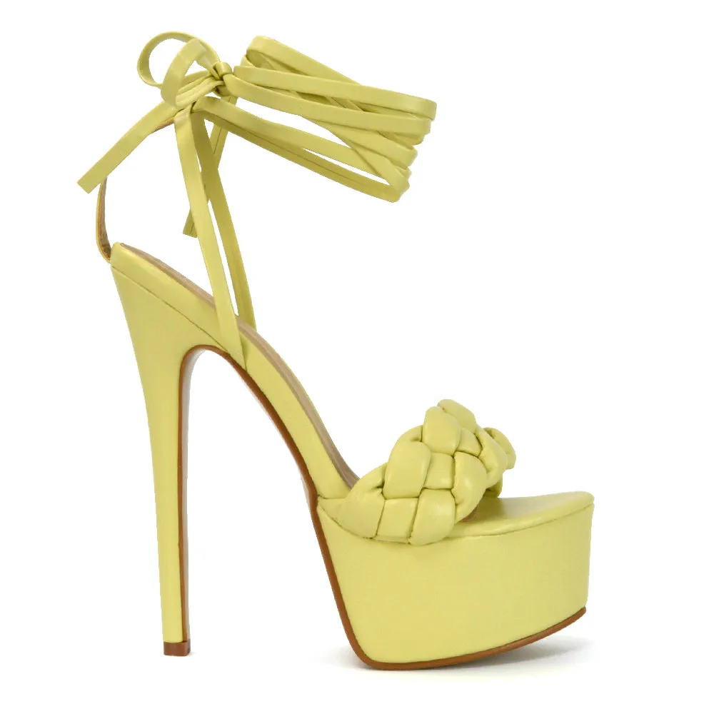 Yris Woven Strap Lace up Platform Stiletto Heel in Yellow Synthetic Leather