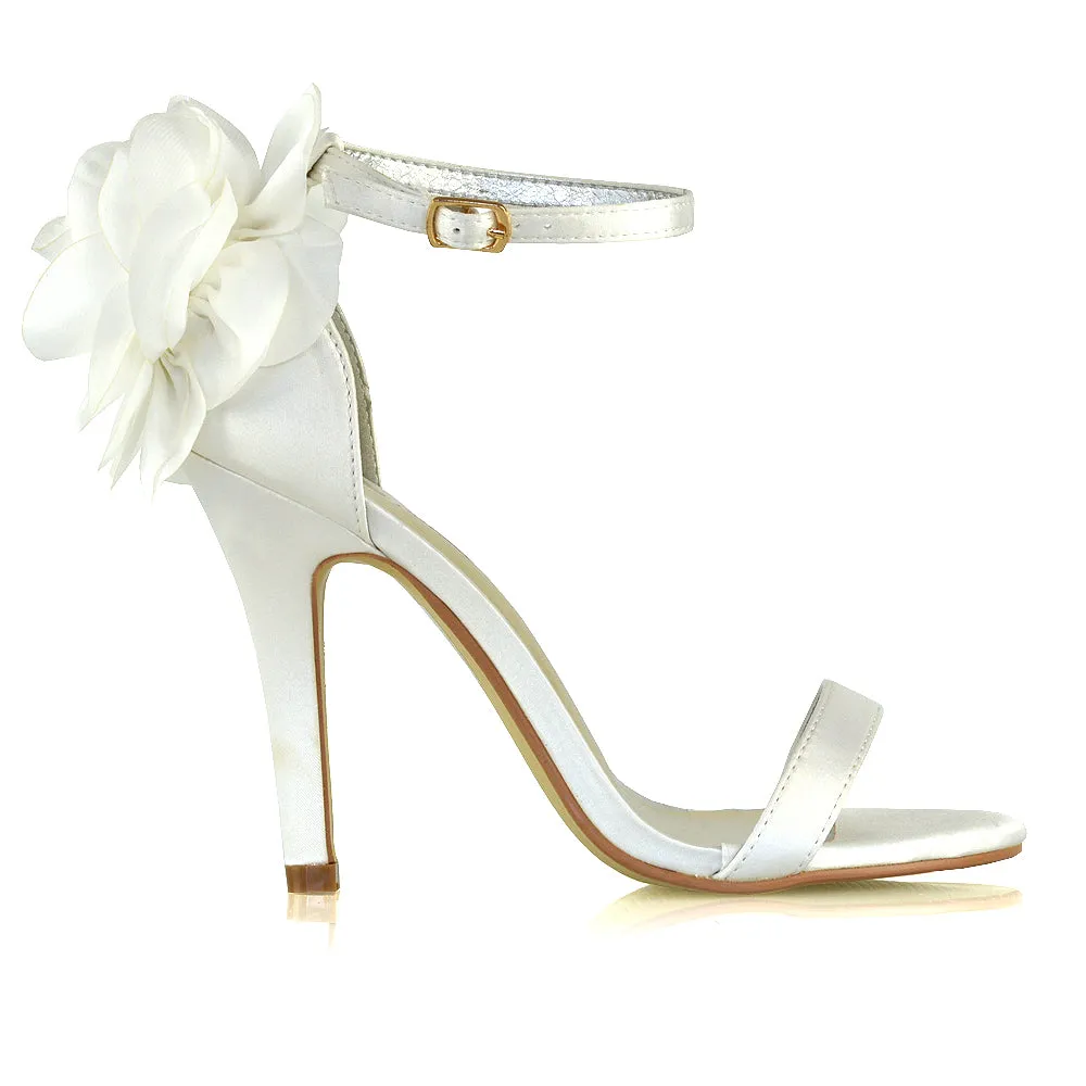 Zola Flower Detail Open Toe Buckle Strappy Bridal High Stiletto Heels in Ivory