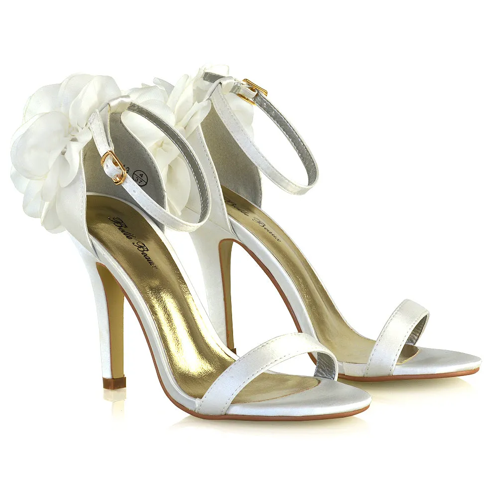 Zola Flower Detail Open Toe Buckle Strappy Bridal High Stiletto Heels in Ivory