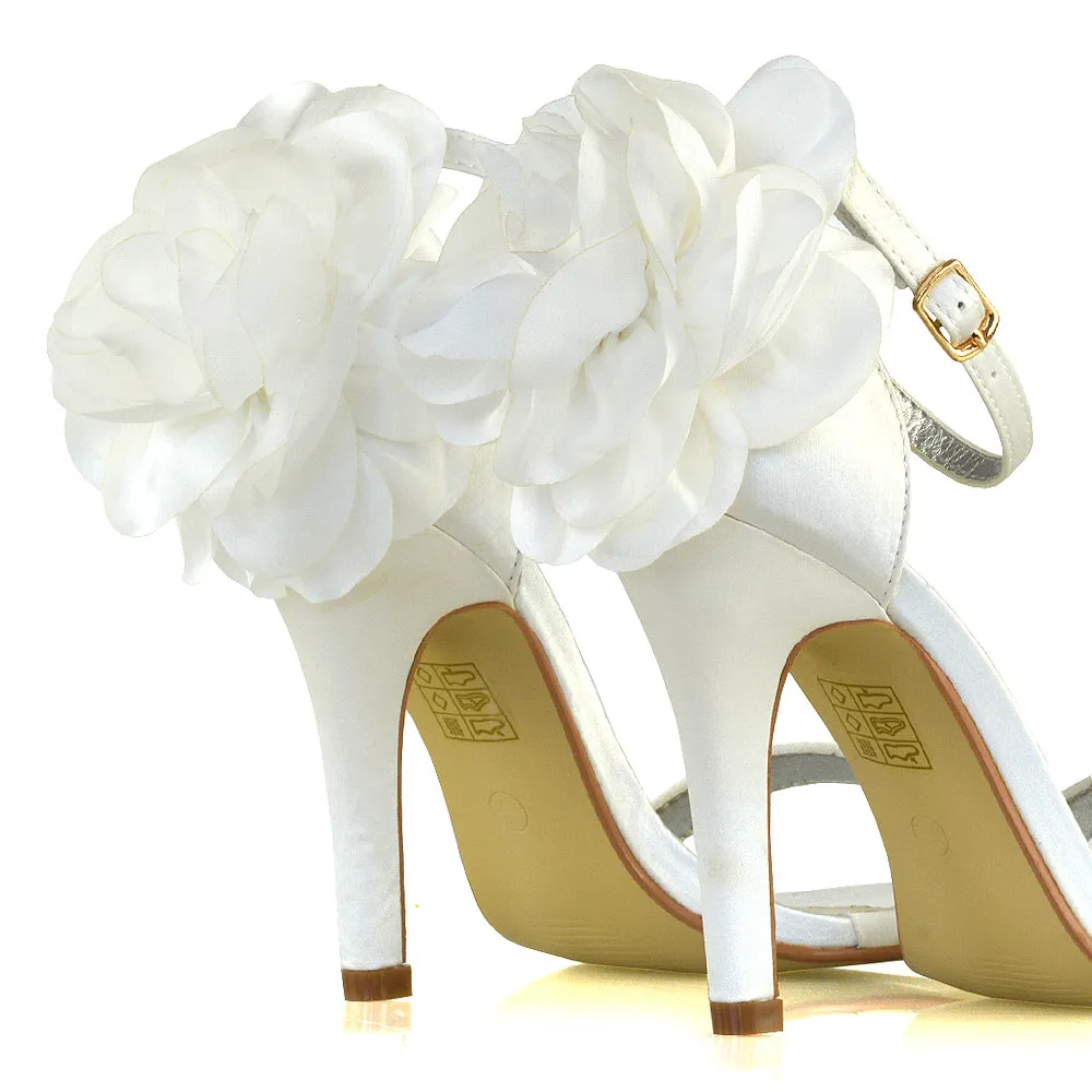 Zola Flower Detail Open Toe Buckle Strappy Bridal High Stiletto Heels in Ivory